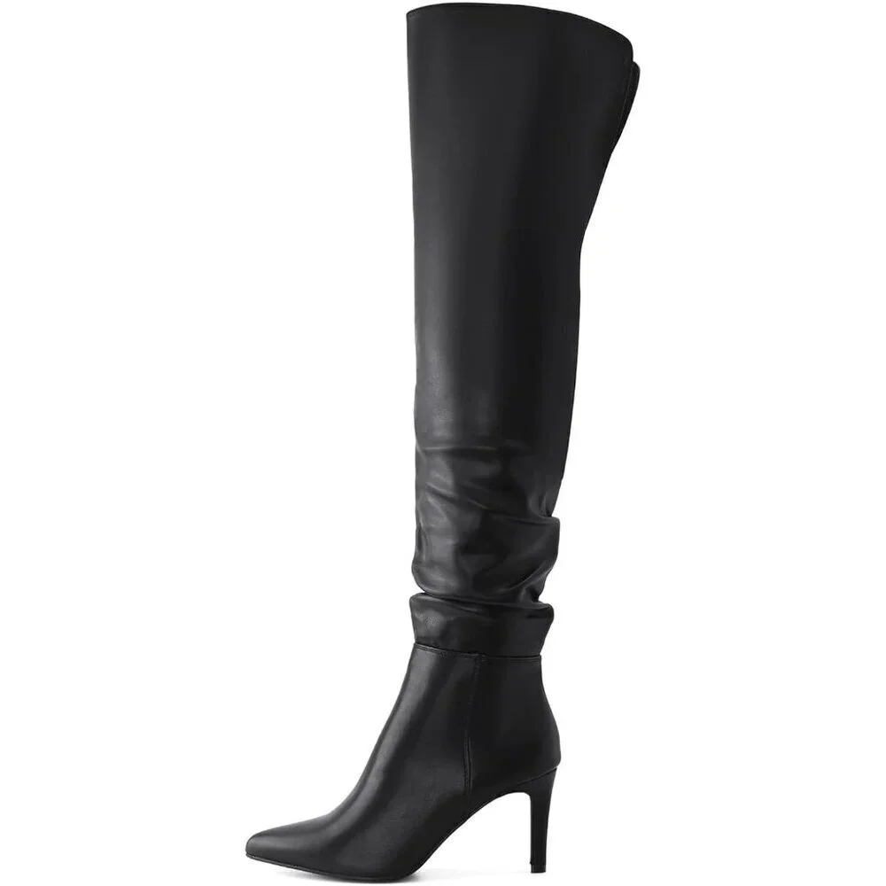 Women Pu Black Polyurethane Over The Knee Stiletto Heel Pointed Toe Long Boot